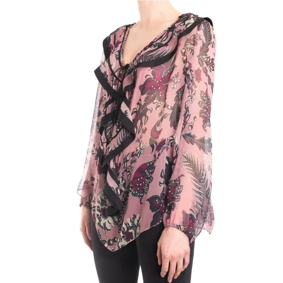 CHLOE Ruffled Cactus-Print Silk Blouse, Pink/Burgandy - Picture 5 of 12